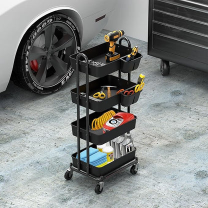 Simple Houseware 4-Tier Multifunctional Rolling Utility Cart with Hanging Buckets, Black