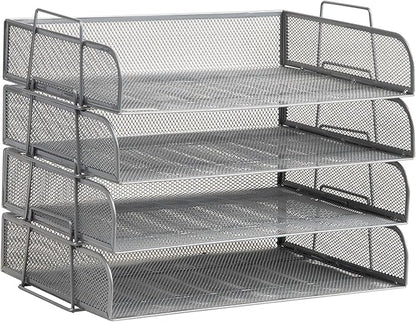 Mind Reader Stackable Paper Tray, Desktop Organizer, File Storage, Office, Metal Mesh, 4 Pcs., Silver