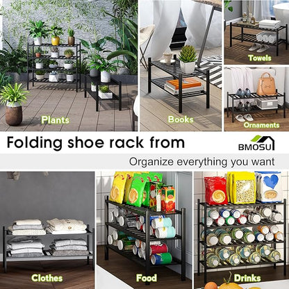 BMOSU 2-Tier Bamboo Shoe Rack Premium Stackable Shoe Shelf Storage Organizer for Hallway Closet Living Room Entryway Organizer (Black Bamboo)