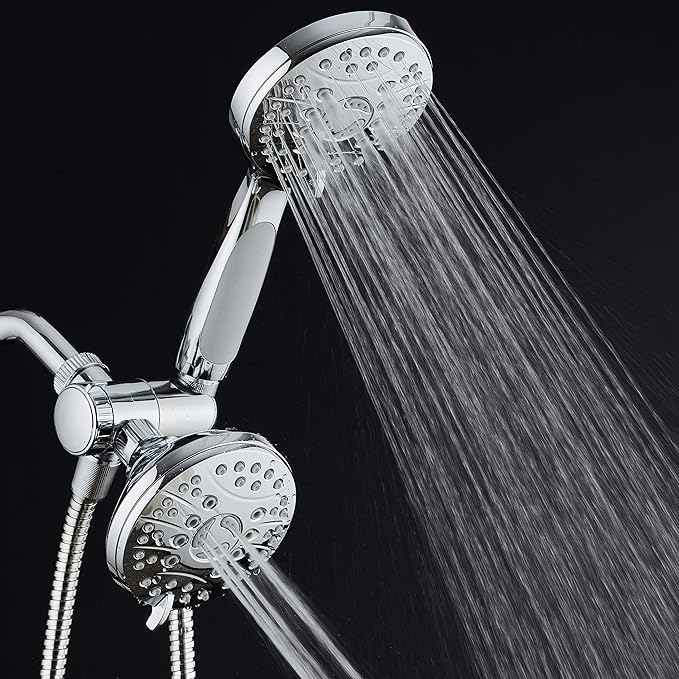 AquaSpa High Pressure 48-mode Luxury 3-way Combo – Dual Rain & Handheld Shower Head – Extra Long 6 Foot Stainless Steel Hose – Anti Slip Grip – All Chrome Finish – Extra Wall Bracket