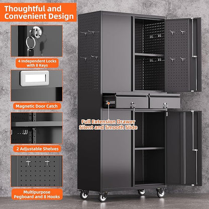 Metal Garage Storage Cabinet with Wheels, 8 Hooks and Pegboards, 71" H 2 Drawer Rolling Tool Storage Cabinet with Locking Doors and Adjustable Shelves for Garage, Warehouse, Black