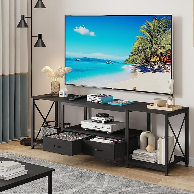 GYIIYUO TV Stand with Fabric Drawers - Entertainment Center and Industrial TV Console Table with Open Storage Shelves for Living Room, Bedroom - 55.1" Black