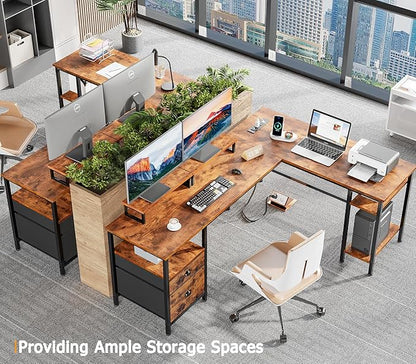 Furologee 66” L Shaped Desk with Power Outlet, Reversible Computer Gaming Desk with File Drawer & 2 Monitor Stands for Home Office with Storage Shelves, Rustic Brown