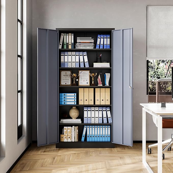 Metal Storage Cabinet, 71 Inch Tall with Adjustable Shelves & Locking Doors, Tool Cabinets for Garage, Office, Home, School, Gym Storage (Grey Black)