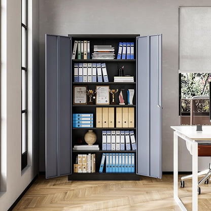 Metal Storage Cabinet, 71 Inch Tall with Adjustable Shelves & Locking Doors, Tool Cabinets for Garage, Office, Home, School, Gym Storage (Grey Black)