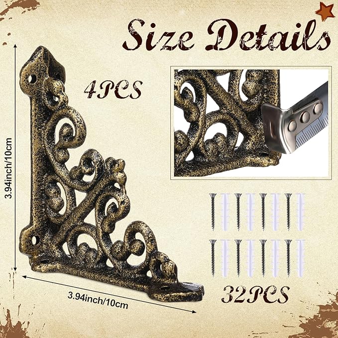 Blulu 4 Pack Antique Style Cast Iron Shelf Brackets Decorative Brackets 3 7/8" x 3 7/8" Wall Mount Shelving Bracket Heavy Duty Victorian Style Shelf(Antique Brass)