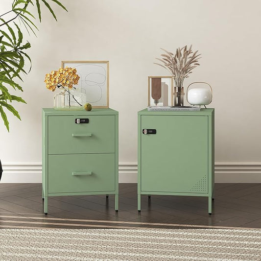 Locker Nightstand Metal End Table Single Door Bedside Cabinet Lockable Storage Cabinet for Living Room, Bedroom, Dorm,Home, Office 21.26”H X 15.75”W X 15.75”D (1 Door, Green)