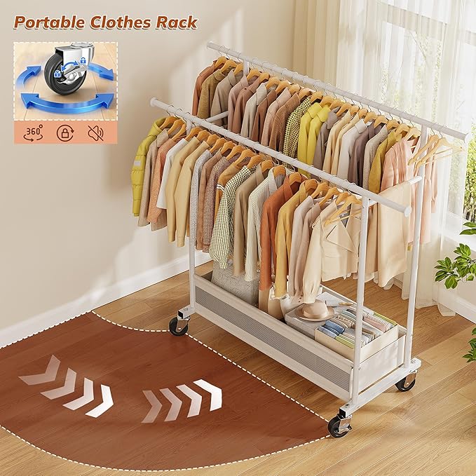 Clothes Rack, Double rods clothing rack, Clothing Racks for hanging clothes, Rolling clothes rack with Storage Basket & Heavy Duty Wheels, garment rack for Bedroom, Laundry Room, White