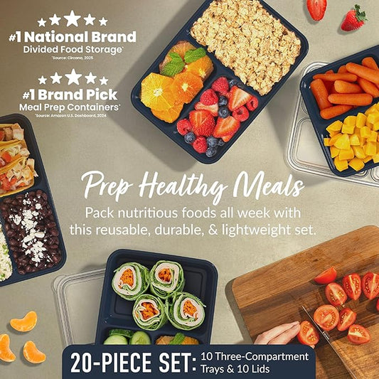 Bentgo Prep - 20-Piece 3-Compartment Reusable Meal Prep Containers with Lids, PFAS & BPA Free Materials, Durable, Microwave, Freezer, & Dishwasher Safe To Go Food Storage (Navy Blue)
