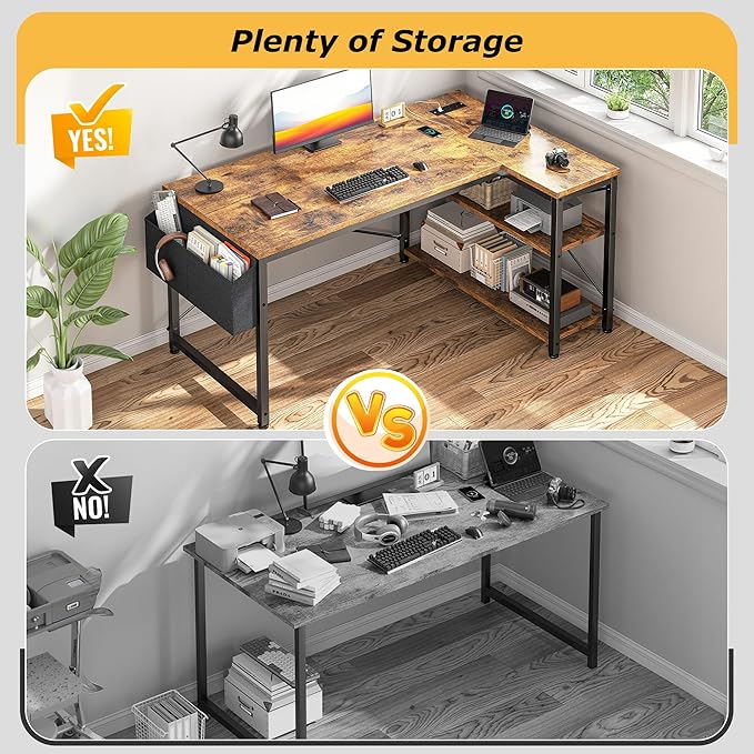 EnHomee 48" Small L Shaped Computer Desk with Power Outlets,Office Desk with Reversible Storage Shelves&Side Bag,Small Corner Desk for Working Space Home Office Bedroom,Study Writing Table,Brown