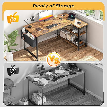 EnHomee 48" Small L Shaped Computer Desk with Power Outlets,Office Desk with Reversible Storage Shelves&Side Bag,Small Corner Desk for Working Space Home Office Bedroom,Study Writing Table,Brown