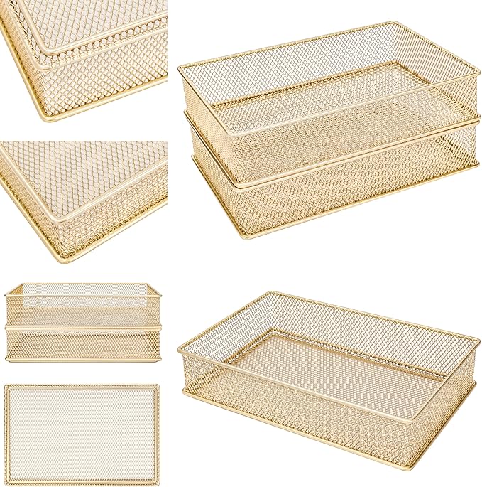 Annova Mesh Stackable Drawer Cabinet and Shelf Organizer Bins Storage Basket School Office Supply Holder Tray- Set of 2 (Gold, 6x9x2 Inch)