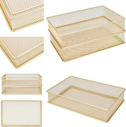 Annova Mesh Stackable Drawer Cabinet and Shelf Organizer Bins Storage Basket School Office Supply Holder Tray- Set of 2 (Gold, 6x9x2 Inch)