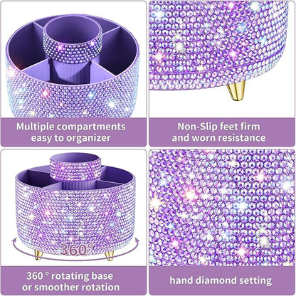 Bling 360° Rotate Makeup Brush Holder Organizer, Makeup Organizers Countertop, Makeup organization and Skincare Storage for Vanity, Gift for Women Girls (Bling dz-Purple)