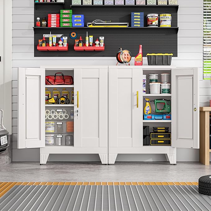 36" White Floor Storage Cabinet, Locked Metal Storage Cabinets with 2 Doors and 2 Adjustable Shelves, Sideboard Buffet Cabient, Freestanding Cabinet for Home/Office/Garage/Tool Room/Bathroom