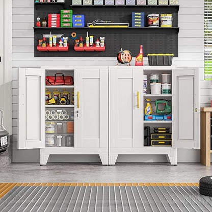 36" White Floor Storage Cabinet, Locked Metal Storage Cabinets with 2 Doors and 2 Adjustable Shelves, Sideboard Buffet Cabient, Freestanding Cabinet for Home/Office/Garage/Tool Room/Bathroom