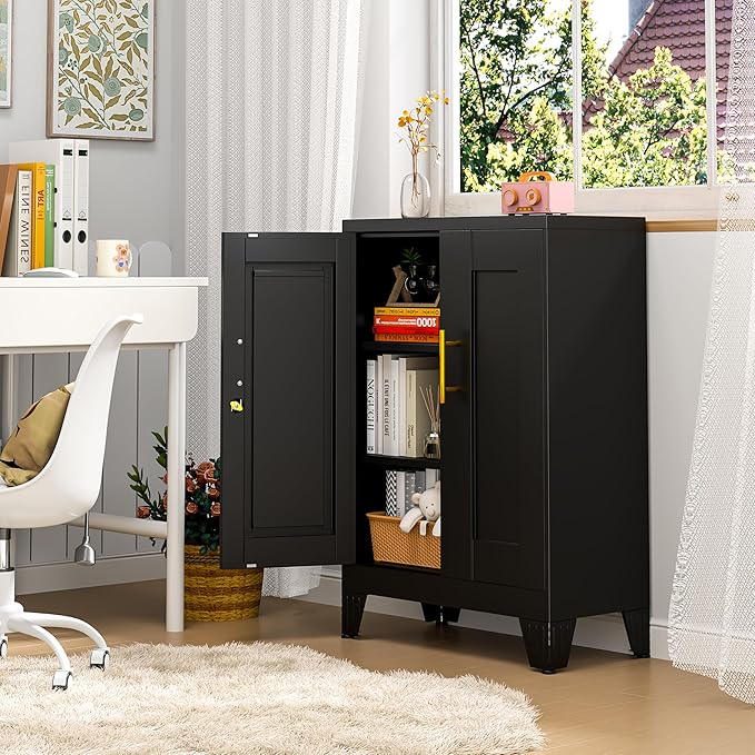 36" Black Metal Storage Cabinet with Lock, Locking Cabinet with 2 Doors and 2 Adjustable Shelves, Bathroom Floor Cabinets, Freestanding Locked File Cabinets for Home/Office/Garage