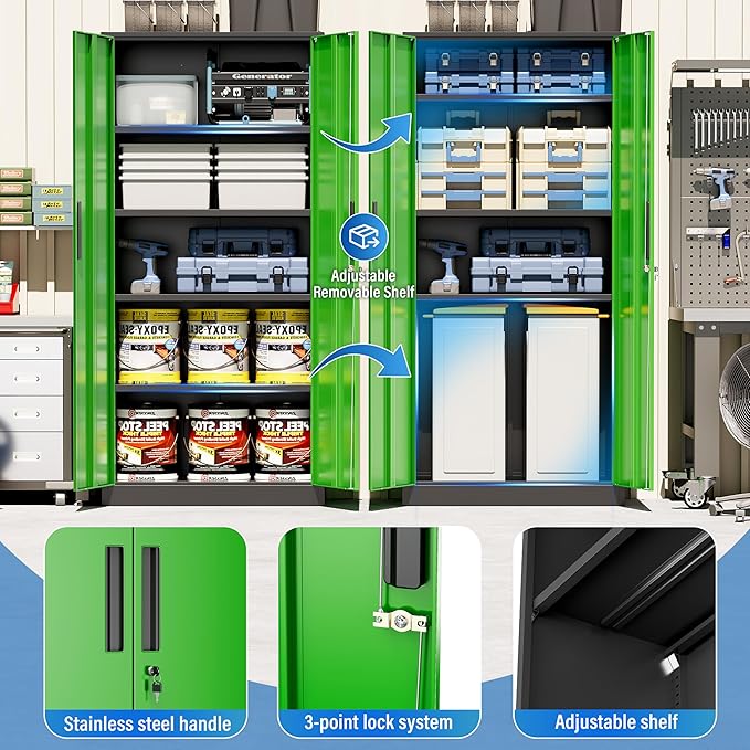 Greenvelly Metal Storage Cabinet with Doors and Shelves, 72" Inch Locking Metal Cabinet,Garage Storage Cabinet for Garage Office School Warehouse (Black Green)