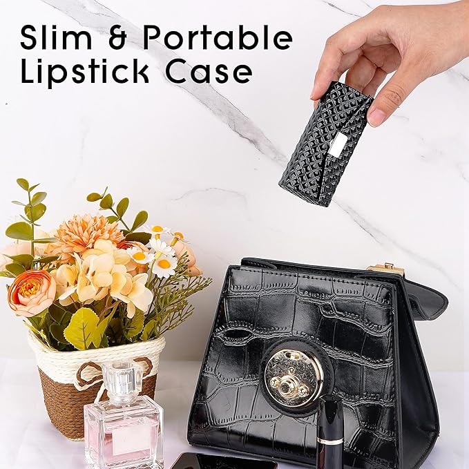 Lipstick Case with Mirror, Diamond Pattern, Vegan Leather Lipstick Holder for One Tube, Slim Makeup Organizer for Travel & Quick Touch-Up (Black)