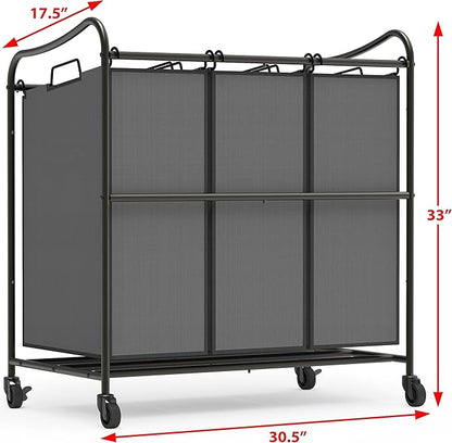 Simple Houseware Heavy Duty 3-Bag Laundry Sorter Rolling Cart, Dark Grey – Durable Triple Laundry Hamper with Removable Bags and Lockable Wheels for Efficient Laundry Organization