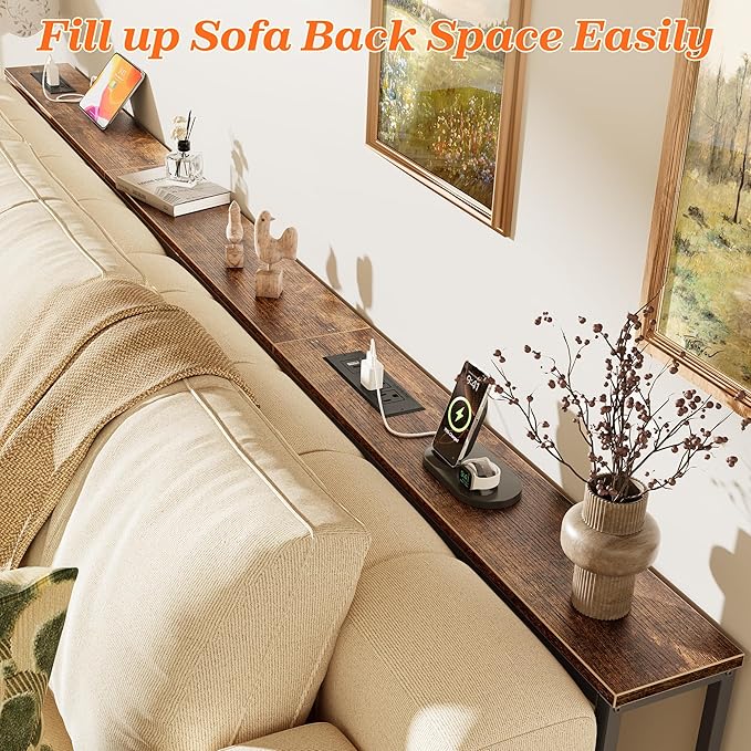 SUPERJARE 94.5 Inch Sofa Table with 2 Power Outlets and USB-C Ports, 5.9 Inch Narrow Console Table with Storage, Long Entryway Hallway Couch Table Behind Sofa, Small Spaces, Living Room, Rustic Brown