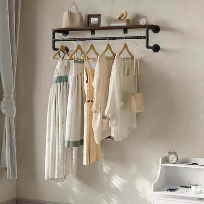 Industrial Pipe Clothes Rack with Top Shelf and 3 Hooks, 41''L Wall Mounted Garment Rack, Heavy Duty Iron Garment Bar, Clothes Hanging Rod Bar, 4 Base Max Load 135Lb Black