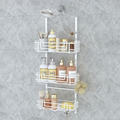 SWTYMIKI Shower Caddy Hanging Organizer - 3-Tier Rustproof Shower Organizer Over Showerhead with Adjustable Baskets, 24 Hooks, Soap & Razor Holder - No Drill Large Bathroom Storage Rack, White