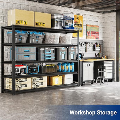 FLEXIMOUNTS 60" W Garage Shelving, 5 Tier Storage Shelves Load 1500LBS, Adjustable Garage Shelving Heavy Duty, Metal Shelves Unit for Basement, Warehouse, 60" W x 72" H x 24" D, Black
