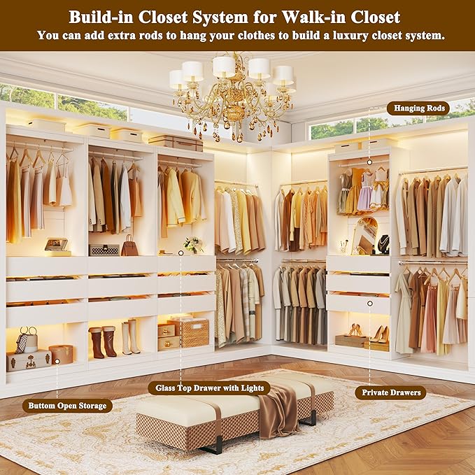 Freestanding 2FT Closet System with 3 Wood Drawers & Glasstop, 24" Closet Organizer System with Hanging Rod & LED Lights, Walk-in Closet Systems for Small Closets, White (24"L x 16" W x 80" H)