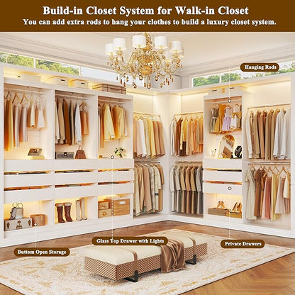 Freestanding 2FT Closet System with 3 Wood Drawers & Glasstop, 24" Closet Organizer System with Hanging Rod & LED Lights, Walk-in Closet Systems for Small Closets, White (24"L x 16" W x 80" H)