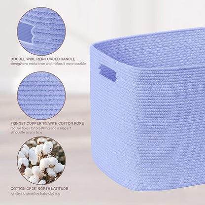 72L Large Baby Girls Laundry Basket for Nursery Storage,Cute Woven cotton Rope Baskets for Kids Toy，Gifts, Boho Square Wicker Blanket hamper for Living Room,Bedroom Dirty Clothes,Blue Purple