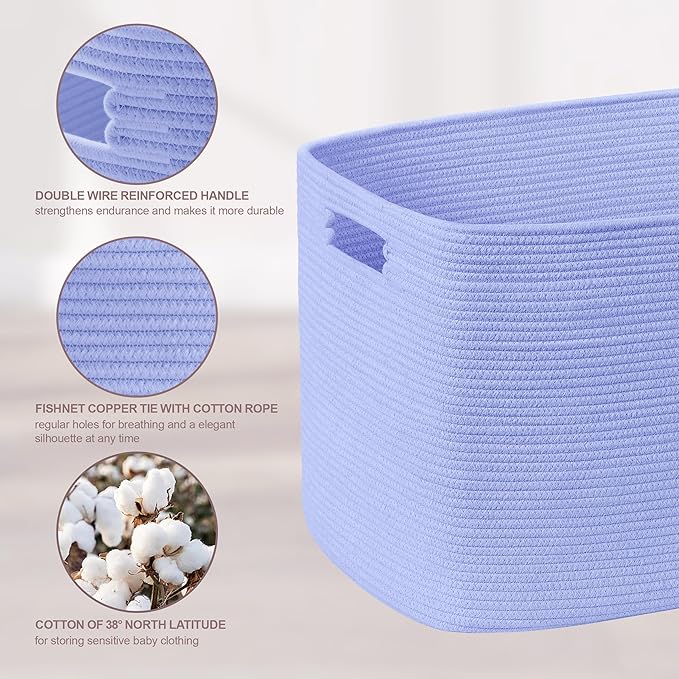 60L Small Baby Girls Laundry Basket for Nursery Storage,Cute Woven cotton Rope Baskets for Kids Toy，Gifts, Boho Square Wicker Blanket hamper for Living Room,Bedroom Dirty Clothes,Blue Purple