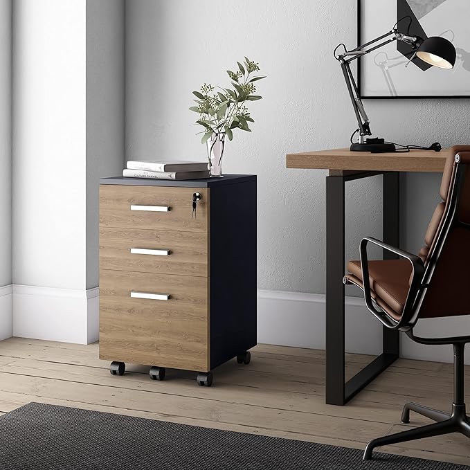Modern Design Lazio File Cabinet, Filing Cabinets for Home Office, Drawers for Under Desk, Locking 3 Drawer Rolling Wood Filing Cabinet with Lock, Walnut and Black, by Crafts and Comfort