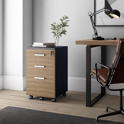 Modern Design Lazio File Cabinet, Filing Cabinets for Home Office, Drawers for Under Desk, Locking 3 Drawer Rolling Wood Filing Cabinet with Lock, Walnut and Black, by Crafts and Comfort