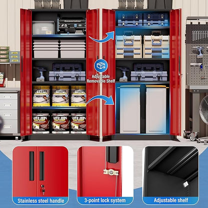 Greenvelly Metal Storage Cabinet with Doors and Shelves, 72" Inch Locking Metal Cabinet,Garage Storage Cabinet for Garage Office School Warehouse (Black Red)