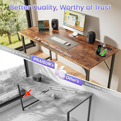PRAISUN 55 X 20 Inch Office Computer Desk with Power Outlets and USB-C Port, Larger and Longer Gaming Desk, for Home Office, Study, Bedroom, Writing Work from Home Table, Metal Frame, Rustic Brown