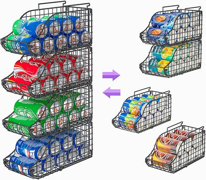 Sonyabecca 4-Pack Stackable Canned Food Organizer with Handles for Kitchen, Soda Can Organizer for Pantry Shelves, Wire Cabinet Shelf for Can Storage, Foldable Soda Dispenser, Patent Pending, Black