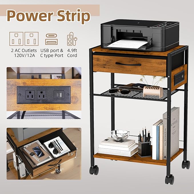 3-Tier Printer Stand with Charging Station, Wood & Metal Printer Table with Storage Drawer for Home Office, Rolling Printer Cart with AC, USB, C-Type Port and Wheels