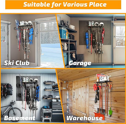 PLKOW Wall-Mounted Ski Rack, Skis Storage Rack for Garage Shed with Top Storage Shelf, Customizable Spacing, Supports Up to 280 lbs, Steel, 1-Pack