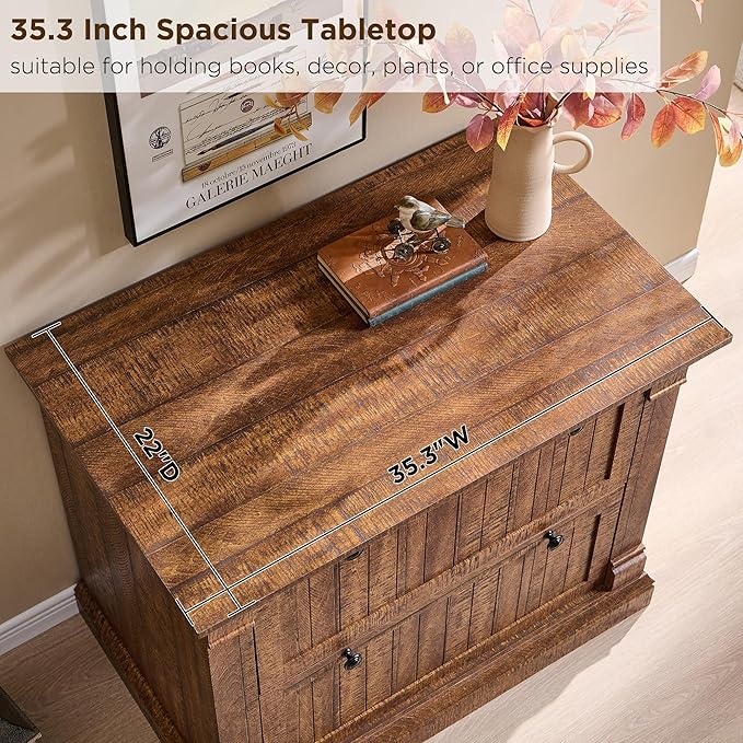 OKD Farmhouse File Cabinet with 2 Drawers, 35.3" Lateral Filing Cabinet with Hanging File Folders, Interlocking Drawers, Wood Rustic Storage Cabinet for Home Office, Living Room, Reclaimed Barnwood