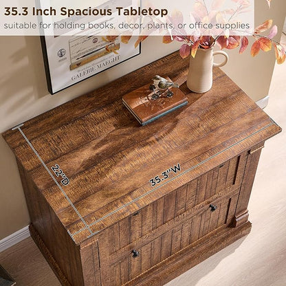 OKD Farmhouse File Cabinet with 2 Drawers, 35.3" Lateral Filing Cabinet with Hanging File Folders, Interlocking Drawers, Wood Rustic Storage Cabinet for Home Office, Living Room, Reclaimed Barnwood