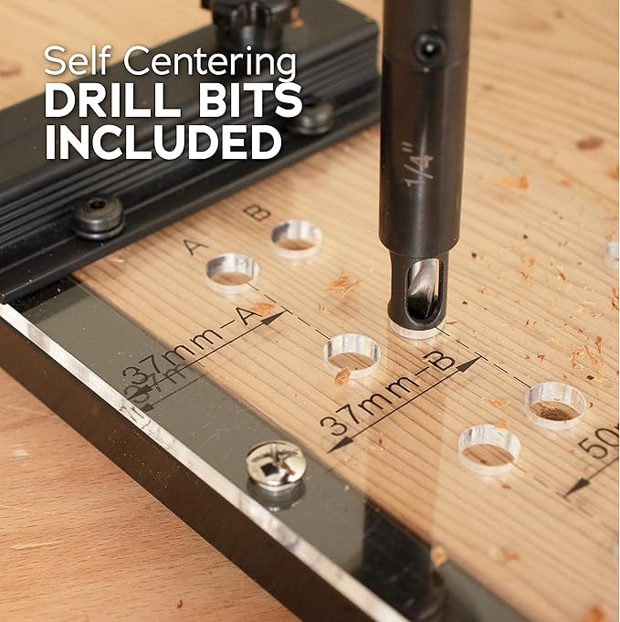 Deluxe Dual Sided Shelf Pin Jig With 1/4" And 5mm Self Centering Drill Bits, Adjustable Shelf Jig for Easy Alignment On Both Sides, Easy Setup Shelving Templates