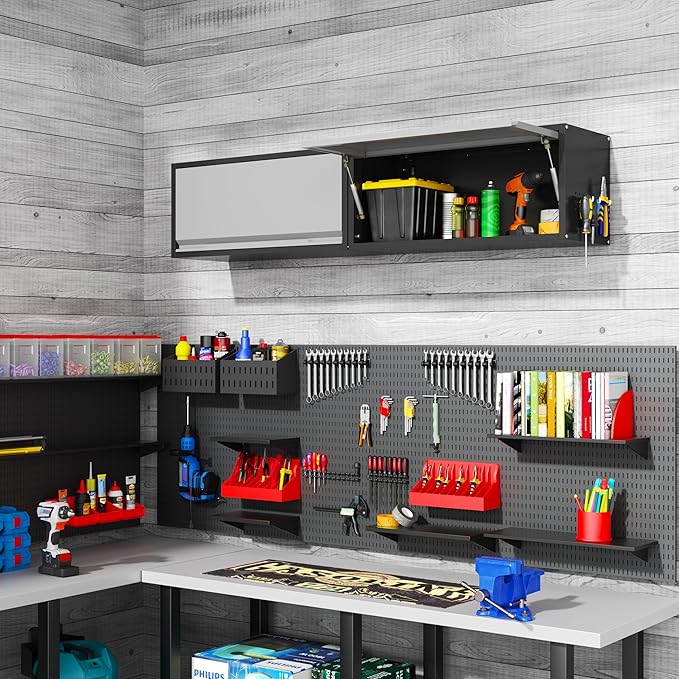 Metal Garage Wall Cabinet, Floating Garage Tool Cabinets with Up-Flip Door,13.8''H Hanging Wall Mounted Storage Cabinet for Garage, Warehouse, Kitchen, Bathroom, Workshop, RV, Gray