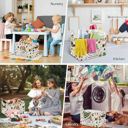 Reading Book Rectangle Storage Basket - Book Themed Collection Collapsible Storage Baskets with Handles - Reading Books Pattern Storages Bin for Kids Clothes, Gifts, Books,Toys