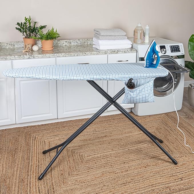 Household Essentials Deluxe Ironing Board Replacement Pad and Cover, White and Blue Grid Pattern