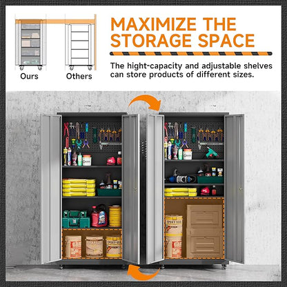 Garage Storage Cabinet with Wheels, Metal Storage Cabinet with 2 Doors and Adjustable 4 Shelves for Garage, Basement, Warehouse, Office, Gray, Assembly Required
