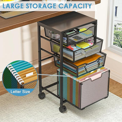 4 Drawers Rolling File Cart, Under Desk Mobile Filing Cabinet with Wheels, File Cabinets for Home Office, Hanging File Folder Organizer Utility Craft Cart Printer Stand, Black