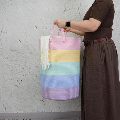 Rope Laundry Basket Hamper for Kids Girl Woven Storage Basket for Living Room Bedroom Boho Tall Baskets for Blanket Toys Pillow Towels Baby Nursery Hamper Bin rainbow Large