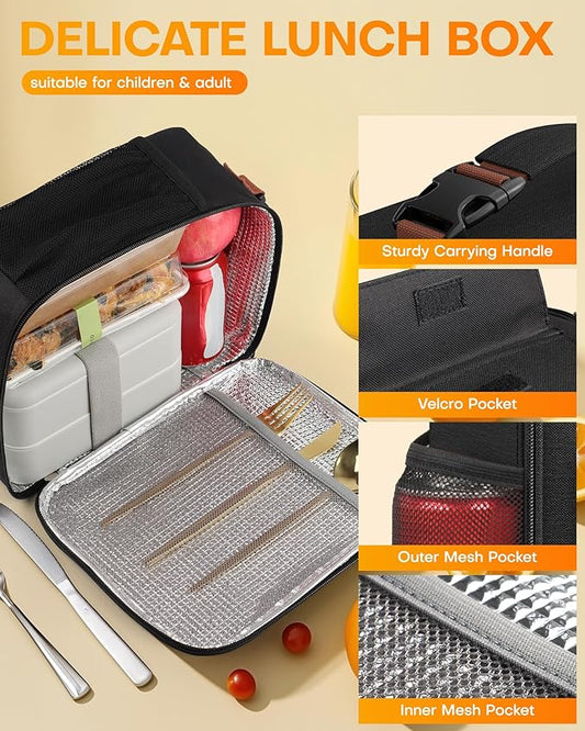 HOTOR Lunch Bag for Men & Women - Large Capacity Insulated Lunch Bag with Mutiple Pockets, Wear-Resistant Cooler Lunch Box for Office, Picnic, Black, 7L, 9.06" x 4.33" x 10.63"