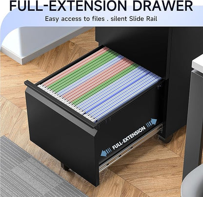 Mobile File Cabinet with Lock - 2 Drawer, Small Rolling Cabinet for Home Office, Legal/Letter/A4 (Black)